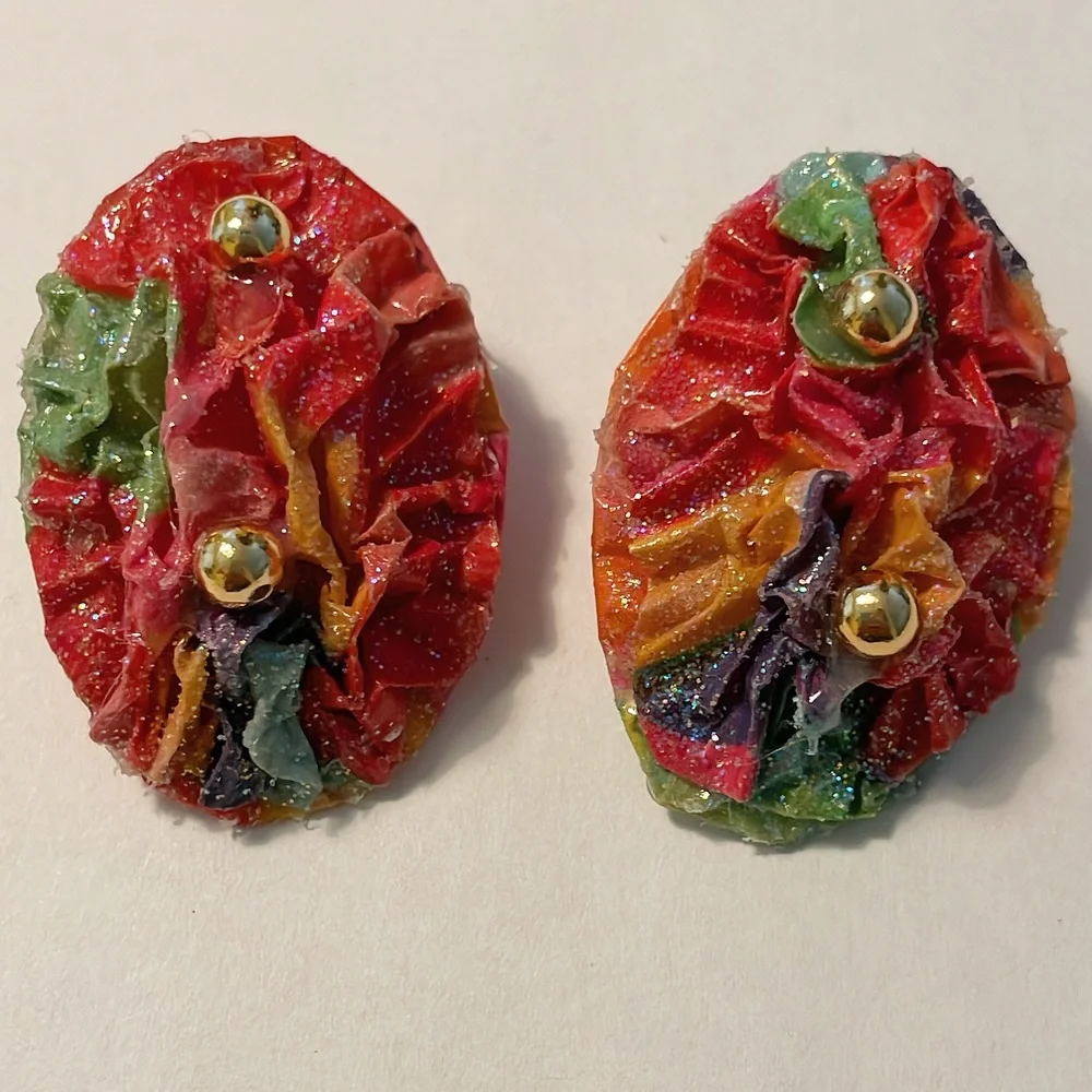 Vintage handmade pink glitter matching earring brooch set